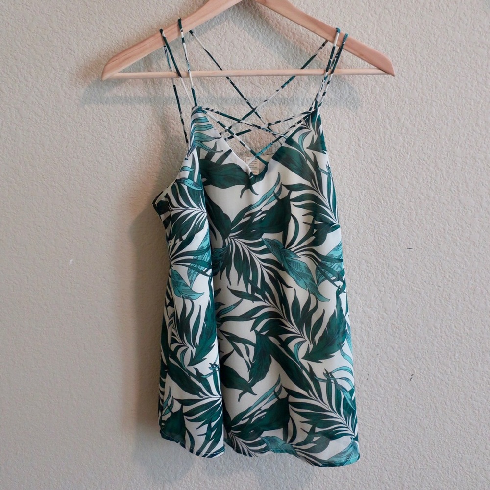 Leaf-print tank top w/ crossed straps